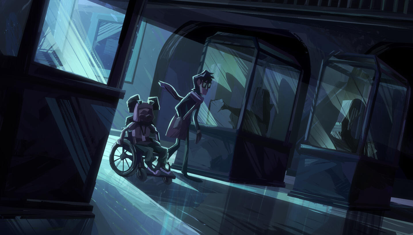 Concept art: Alfie and Emmet go through the Fabula Foundation entrance hall