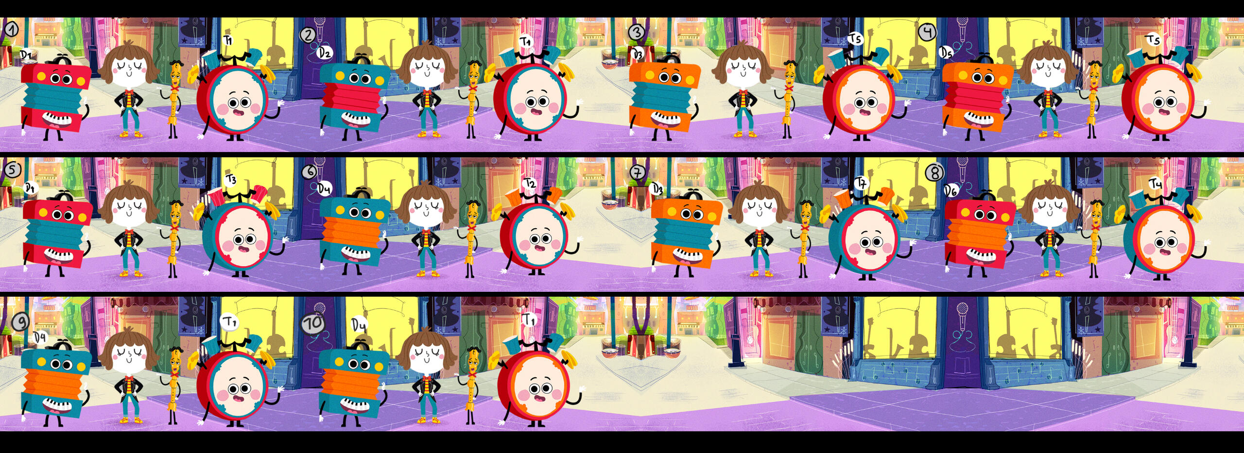 Main cast color tests featuring BG concept art by Art Director Rafael Lucino.