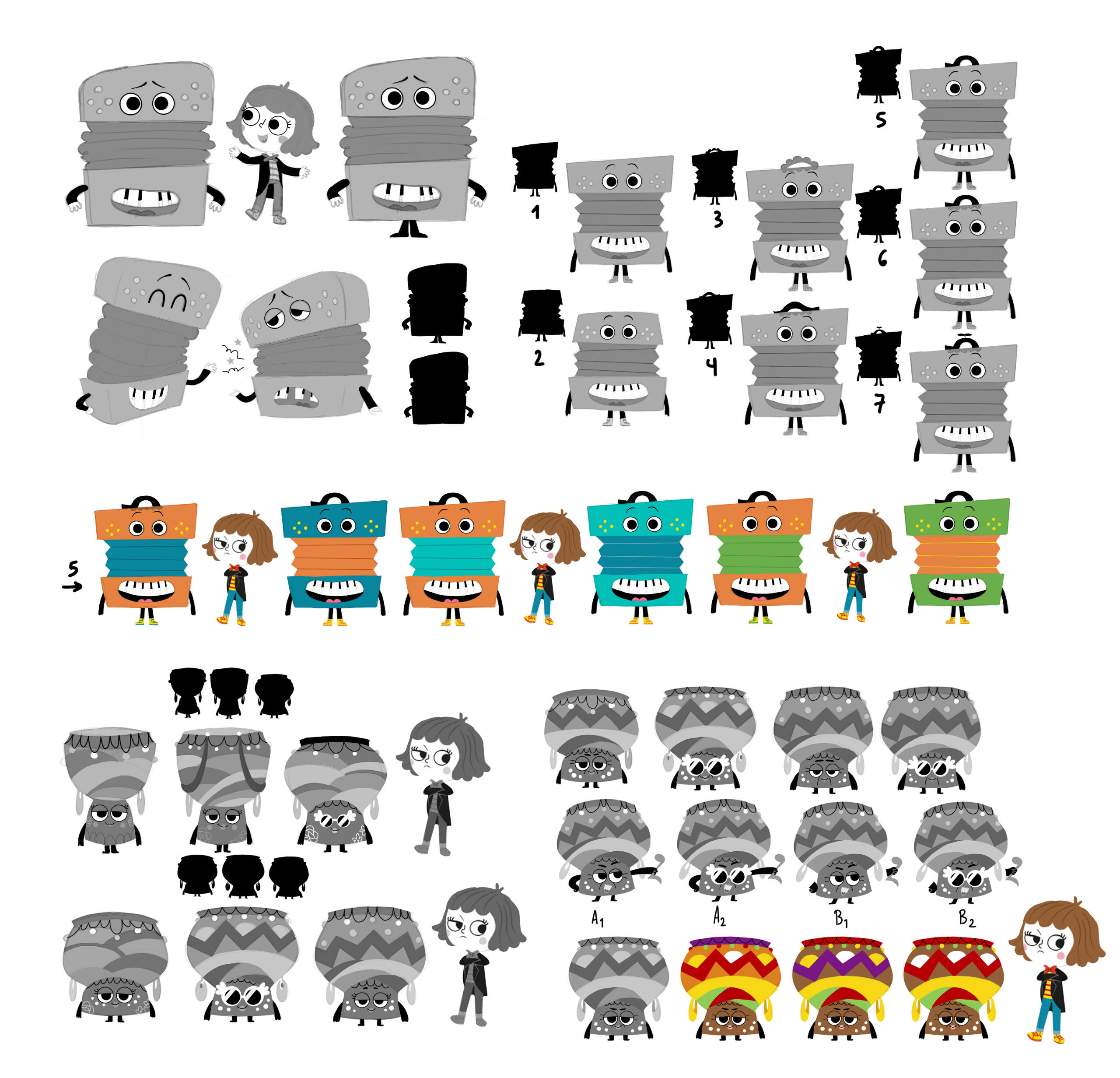 A bit of the character creation process for Dom, the accordion, and Betty Luther, the drum.