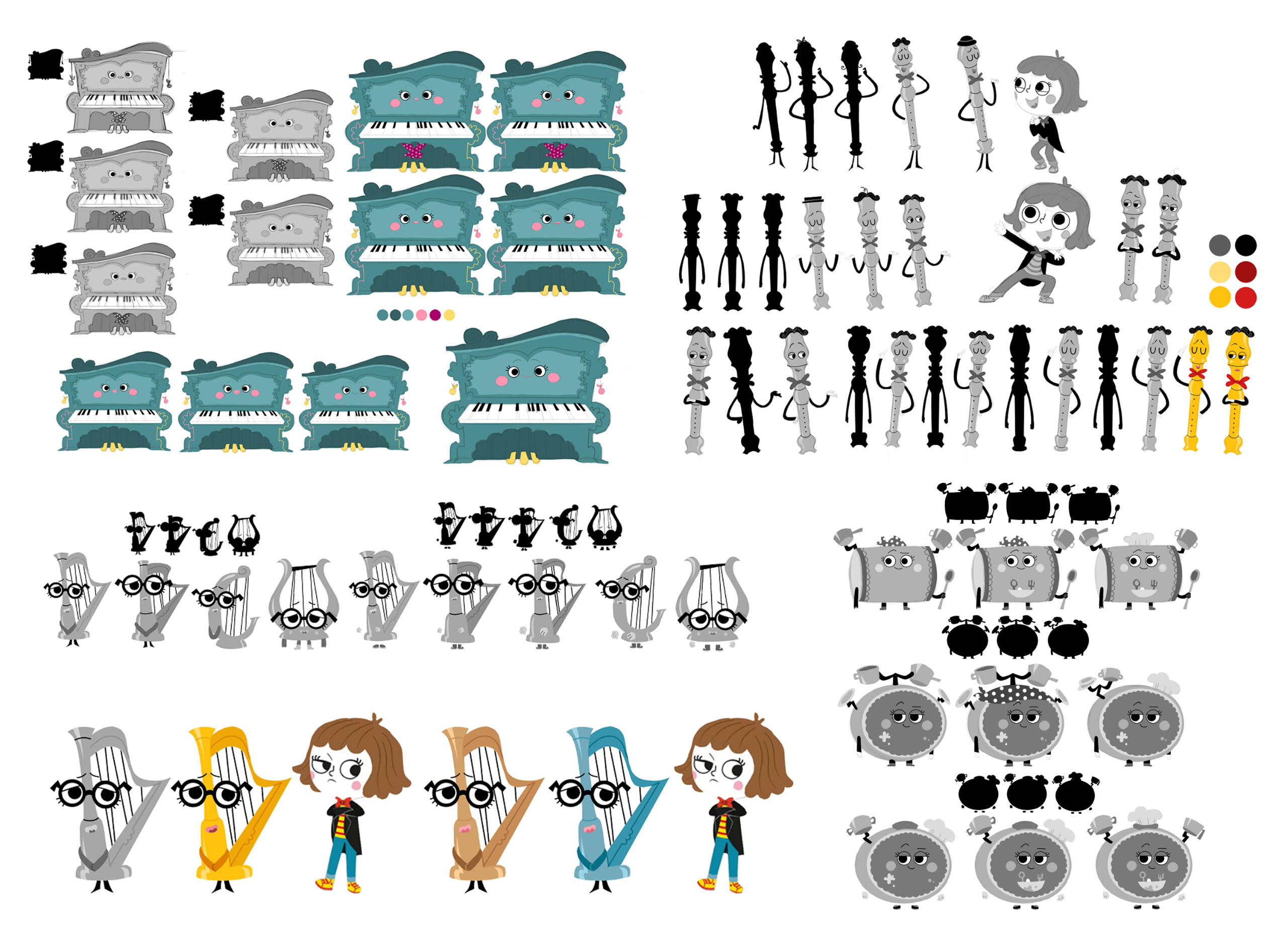 A bit of the character creation process for (from top-left to right) Luda, the piano, Max, the flute, Eugênia, the harp, and Sandra Rosa, the drum.