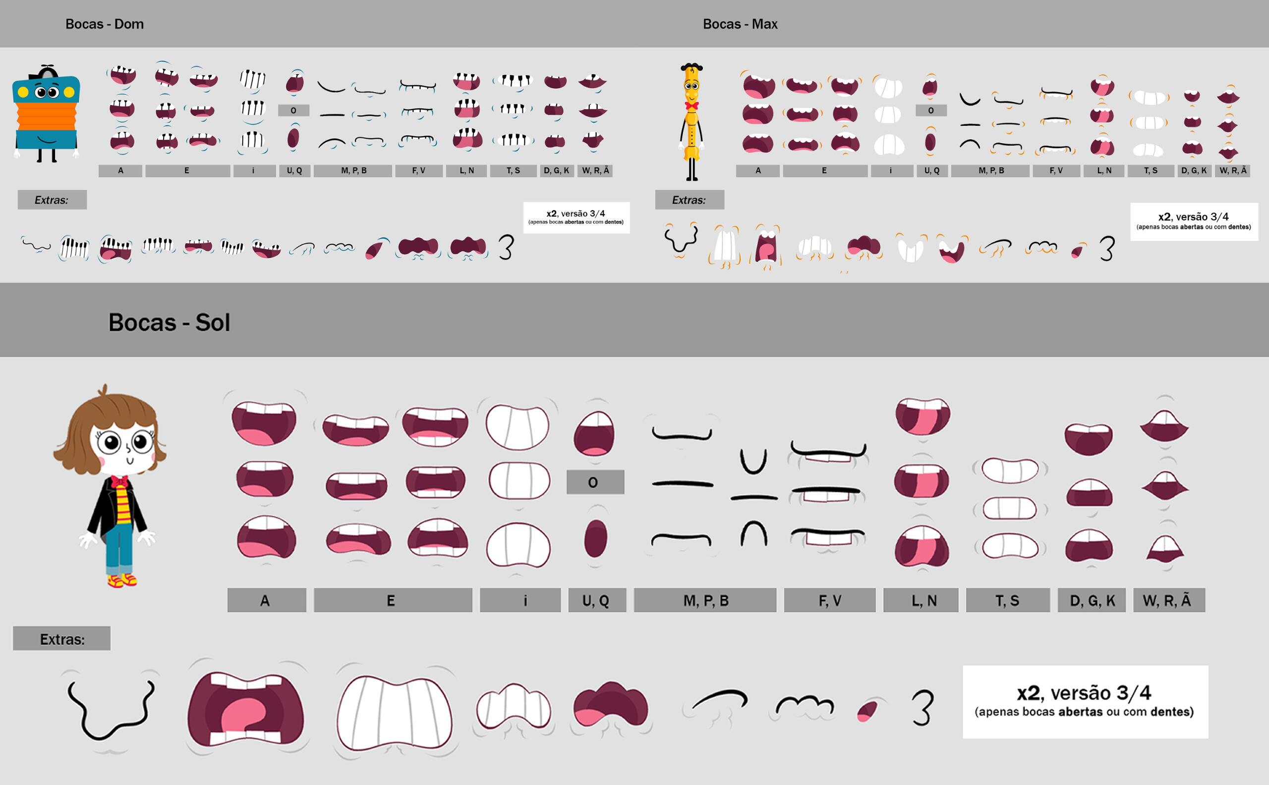 Mouths and lip-sync sheet for a few characters.